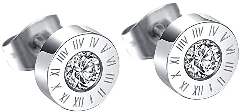 MICGIGI Herren Damen 8MM Runde Edelstahl Ohrringe Römischen Ziffern Ohrstecker mit ZirKonia Silber