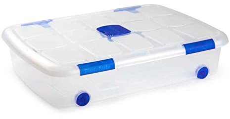 Acan - Caja de plástico transparente de 16,7 x 75 x 55 cm, con capacidad de 41 litros, Contenedor de plástico para almacenamiento con tapa y ruedas. (Con ruedas, 41 L)