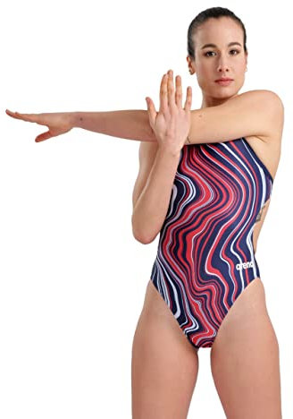 arena Damen Sport Badeanzug Marbled Challenge Back, 005562, Navy-red Multi, 36