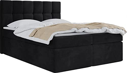 WFL GROUP Boxspringbett mit Bettkasten 120x200 140x200 160x200 180x200 200x200 Doppelbett Gepolstert Bett Mit Matratze und Topper - Stauraumbett mit Kopfteil - Schwarz Samt - 140 x 200 cm