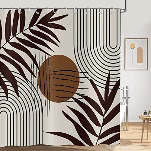 Hnmdmyi Rideau de Douche Boho 180x180, Abstrait Marron Feuilles Mid Century Moderne Minimaliste Géométrique Esthétique Art Beige, Imperméable Tissu pour Baignoire