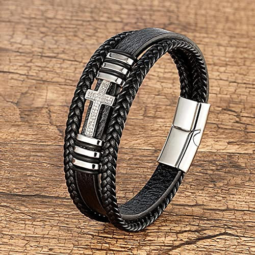 Bysonglezai Armbänder Damen Armband Frauen Geschenk Mädchen Klassisches Jesus-Kreuz-Charme-Zirkonia-Mann-Armband-Schwarz-Gewebtes Leder-Seil-Ketten-Armbänder Für Frauen-Weiß