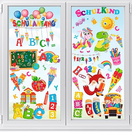 HOWAF Einschulung Deko, Alles Gute Zum Schulanfang Fensterbilder Einschulung Fenstersticker Schulkind Fensterbilder Selbstklebend Schuleinführung Fensteraufkleber Zuckertüten ABC für Schulanfang Deko