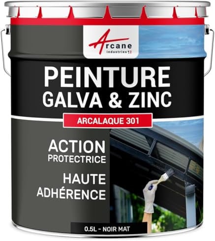 ARCANE INDUSTRIES Peinture galva et Zinc, toiture, gouttière - 0.5 L Noir Mat - RAL 9005