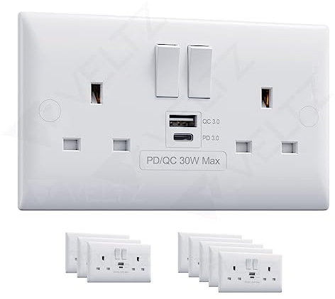 Veltz USB C & A Socket | 30W PD/PPS USB C & 18W QC 4.0 USB A | Super Fast Charging | VELTZ Pro | Double Plug Wall Socket 13A 2 Gang | White