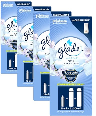 Glade (Brise) Touch & Fresh (One Touch) 1er Nachfüller Minispray für sofortige Frische in Bad & WC, Pure Clean Linen (Fresh Cotton), 4er Pack (1 x 10 ml)