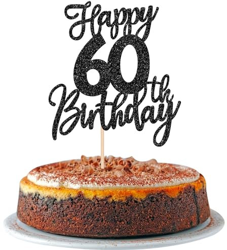 1 Stück Happy 60th Birthday Tortendeko Glitzer Prost auf 60 Jahre Geburtstag Kuchen Deko 60 Fabulous Cake Topper für Happy 60th Birthday Theme Party Kuchen Dekoendeko Schwarz