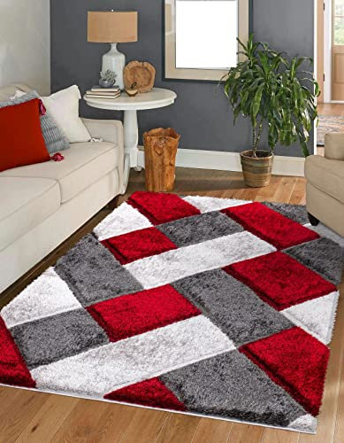 3D Shaggy Rugs Modern Geometric Design Large Area Rugs for Living Room Bedroom Thick Fluffy Floor Mats Small Door Mat (Red, 120 x 170 cm)