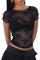 Edhomenn Women's Sheer Lace Tops 2023 Short Sleeve Open Back Fashion Slim Fit T-Shirts Y2k Sexy Blouses Streetwear (01 Black, S)