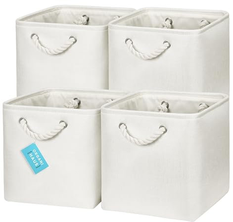 OrganiHaus 28x28 Cube Storage Bins Set of 4, Fabric Cube Baskets for Storage Shelves, Foldable Storage Cubes for Kallax Organizer Cube Bins w Rope Handles, Cubby Bins for Nursery Decor, White