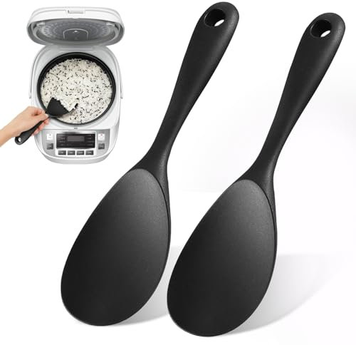2 Stück Silikon Servierlöffel, Lebensmittelqualität Silikon Kochlöffel, Hitzebeständig Reiskocher Löffel, Bis zu 230°, Antihaft Reislöffel für KüChe Reis Reiskocher Kartoffelpüree Backen (Schwarz)