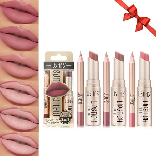 Likesing 6 Stück Lipliner Set Lippenstift Nude Pink Matte Lipstick Permanent Lip Liner Lip Balm Lipgloss Roter Lippenstift 24 Stunden Long Lasting Lips Make up Kits Madame Geburtstage Geschenk