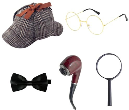 RmKbe 5 Pieces Detective Costume Set Detective Hat Hat Glasses Bow Tie Magnifying Pipe Sherlock Holmes Detective Kit for Boys Girls