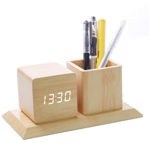 ThreeH Digitaler Wecker aus Holz Stiftehalter LED Zeitanzeige 3 Alarmeinstellungen Klangsteuerung Uhr mit 3 Helligkeitsstufen Gelb