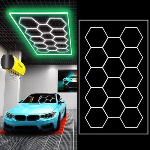 Sedtonmu LED Hexagon Beleuchtung fuir Garage 14 pcs 6500K Sechseckige Garagenleuchten RGB Ideal für Garage Werkstatt Gaming Fitnessstudio Friseur Bürobeleuchtung,2