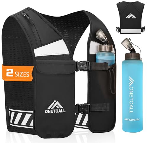 ONETOALL Running Vest Women with Water Bottles, Reflective Hydration Vest Mens, Breathable Phone Holder For Trailrunning Marathon, Black XS - S