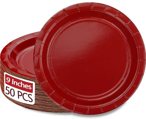 PTECDROTS 50 Red Paper Plates, 9 Inch Round Dinner Plates for Christmas, Parties & Daily Use