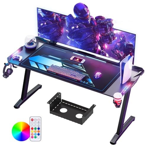 Himimi Scrivania Gaming LED 160 x 70 CM, Tavolo Gaming Ergonomica, Postazione Gaming Dotato con Piano del Tavolo in Fibra di Carbonio, Scrivania per Computer con Porta Bicchiere e Ganci per Cuffie