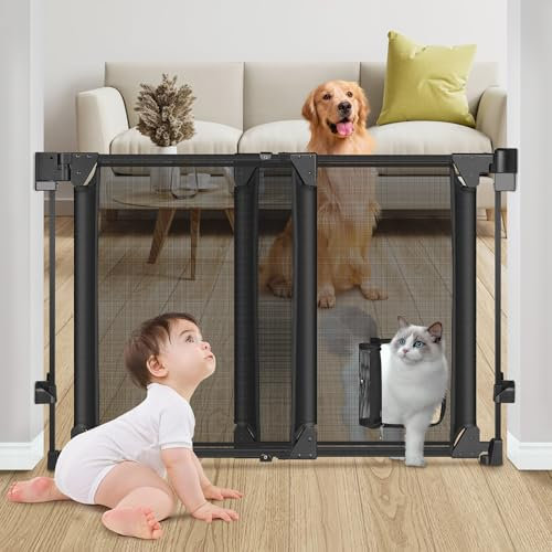 Baby Gate, No Bottom Bar Stair Gate, Adjustable Dog Gates Indoor, Baby Stair Gates for Dogs, Two-way Open Safety Gate with Cat Door for Stairways, Hallways, Doorways, Indoor, Outdoor (Black, 28-43)