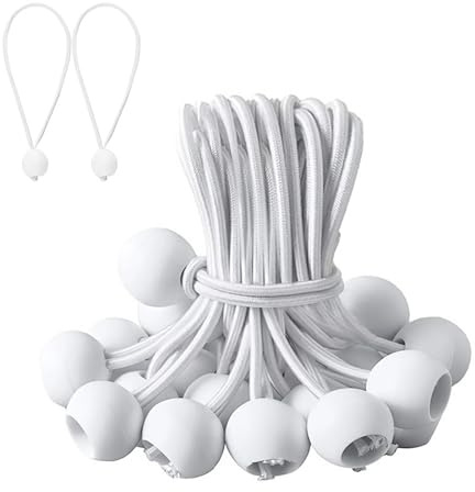 Lot de 25 tendeurs en caoutchouc courts avec boule, 20 cm, pour bâches, tentes, bannières, filets, pavillons (blanc)