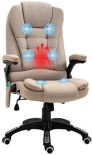Vinsetto Bürostuhl mit Massagefunktion Ergonomischer Chefsessel mit Heizfunktion, Liegefunktion, Wippfunktion Höhenverstellbar 360° Drehbar Computerstuhl mit Seitentasche, Leinenoptik, Braun