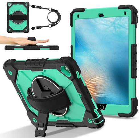 Custodie e borse per tablet PC Rugged Case Compatible with iPad 5th Generation 9.7 inch Case 2017,Heavy Duty Protective Cover with Adjustable Stand & Shoulder Strap,With Wrist Strap Kids-Friendly Tabl