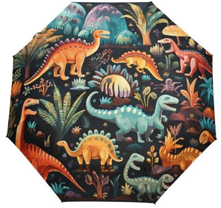 DDDIYEU Dinosaurier-Cartoon-Wald Regenschirm Taschenschirm Auf-Zu Automatik Schirme Leicht UV-Schutz für Reise Jungen Mädchen Strand