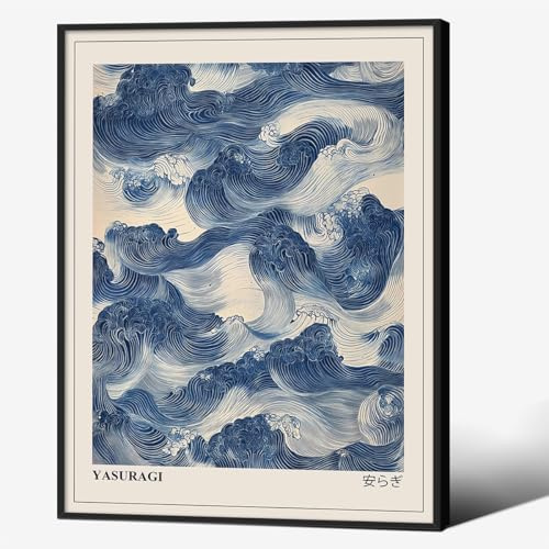 Japanische blaue Wellen, Wandkunst, Vintage, orientalisch, Japandi Wabi Sabi, Poster, 30,5 x 40,6 cm, schwarz gerahmt, abstrakte riesige Wellen, Leinwanddrucke für minimalistische