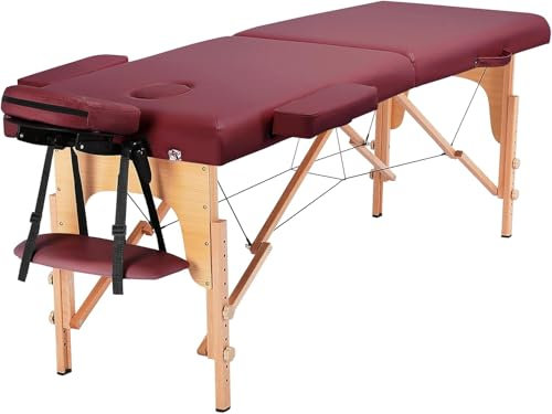 Aspria Massageliege Mobile Massagetisch 2 Zonen Tragebares Massagebett höhenverstellbar Holzfüßen inkl. Kopfstütze & Armlehnen 213 × 82 x 85 cm bis 250 kg Belastbar (Rot)