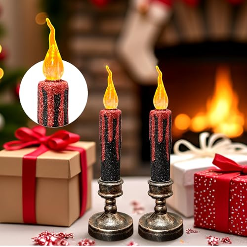TINYOUTH 2PCS 21CM Große LED Kerzen für Halloween Weihnachten, Schwarze Glitzer Tischkerzen Licht Batterien Enthalten für Hochzeitsfeier Jubiläum Verlobung Dekoration