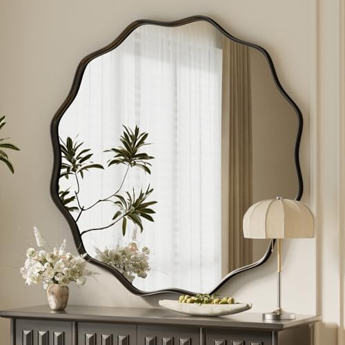 Koonmi Wavy Round Wall Mirror, 90 cm, Black | Metal frame, Textured frame, Wall-mountable, Suitable for bathrooms and hallways/entryways