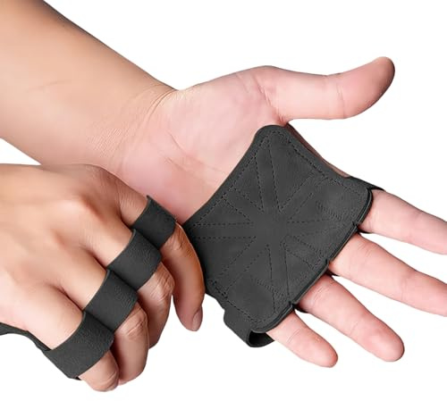 HERKINDNESS 2 Stücke Griffpolster Kraftsport, Rindsleder Griffhilfe Gym, Schwarze Griffpolster, Design mit Vier Finger-Ringen, Gym Zubehör, für Bodybuilding, Fitness, Klimmzüge