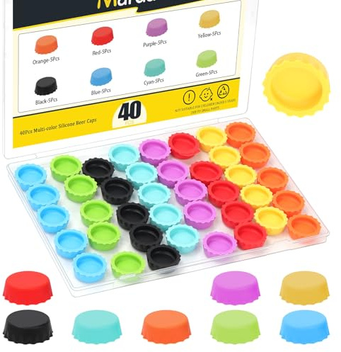 Mardatt 40Pcs Silicone Reusable Beer Caps, 8 Colors Rubber Bottle Caps, Soda Bottle Stopper for Home Brewing Beer, Soft Drink, Soda Wine Bottle Kitchen Gadgets