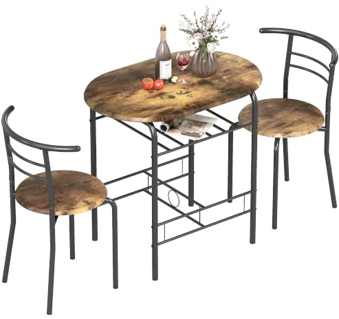 HOMCOM 3-Piece Dining Table and Chairs Set Marble-Effect Top Rustic Brown | Breakfast Bar Table and 2 Chairs, Storage Shelf, Metal Frame, Dining Room Set, Living Room, Small Space