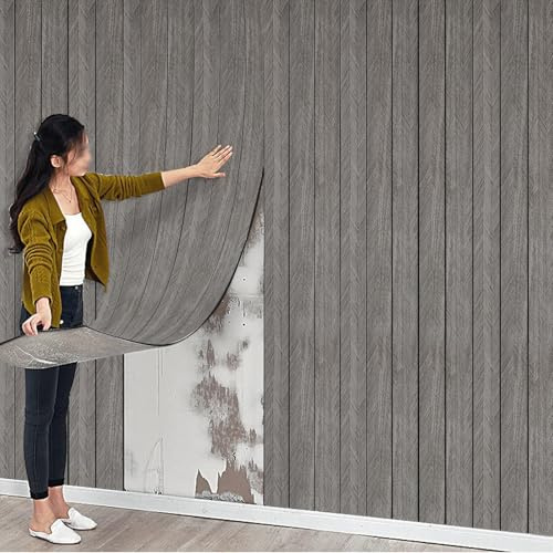 Thick Faux Wood Slat Wallpaper, Peel and Stick 3D Foil Insulation Self Adhesive Wall Panels Wallpaper Dark Grey Sound Absorbing Wooden Slats For Bathroom, Bedroom, Kitchen, Living Room 40cm*3m