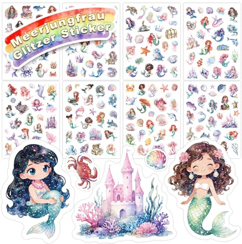 Meerjungfrau Glitzer Sticker für Kinder, 8PCS Glitzereffekt Über 200 Motiv | Wasserdicht Glitzersticker, Scrapbooking, Fotoalbum, Party-Deko für Erwachsene & Kinder