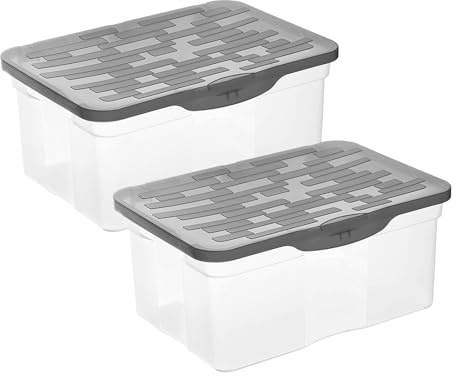 Rotho Ranger Aufbewahrungsbox mit Deckel 13 L 2er-Set klare Boxen Anthrazit | Aufbewahrungsboxen im 2er-Set, klare Kunststoffboxen, Scharnierdeckel, sicher stapelbar, für A4-Unterlagen und Ordnung