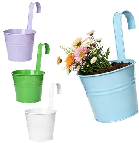 AXVRAV 4er-Set 16CM Blumentöpfe zum Aufhängen Hängend, Bunt Blumentopf Metall mit abnehmbaren Griff & Loch, Hängebkorb Blumentopf für Balkon, Zäune, Fenster, Geländer