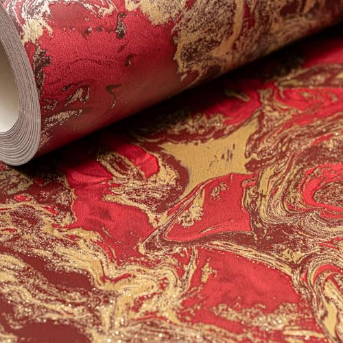 SOPHIE LAURENCE Red Gold Marble Wallpaper Liquid Effect Textured Glitter Shimmer Slightly Imperfect Feature Bedroom Bathroom Lounge Hallway 10m x 0.53m Full Roll