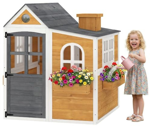 AIYAPLAY Träbarnhus för utomhus och inomhus, lekstuga med dörr, fönster, 3 blomkrukor, väderbeständigt för barn 3-6 år, 125,5x119x126cm
