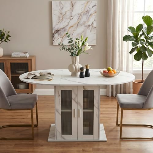 GAWYOEX Mesa de comedor extensible redonda de 100-140 cm, mesa de cocina con placas extraíbles, mesa de comedor ovalada redonda con espacio de almacenamiento, mesa blanca para nevera pequeña