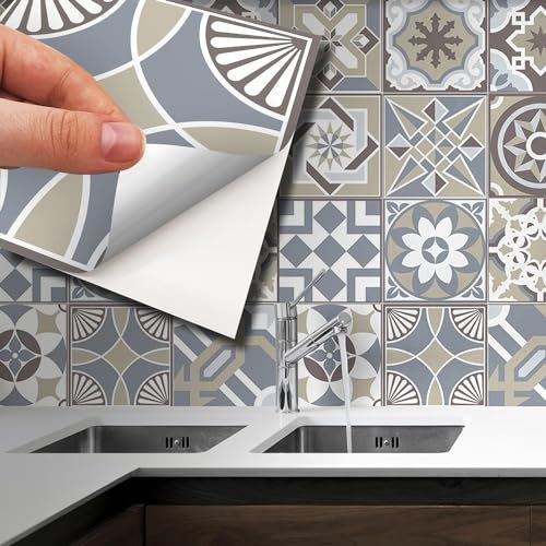 WALPLUS Limstone Tile Stickers Muraux Auto-Adhésif Peel And Stick Carrelage Cuisine Salle De Bains Dosseret Splashback DIY Stickers Carreaux de Ciment Peinture Mur Carrelage Autocollant-15 cm-24pcs