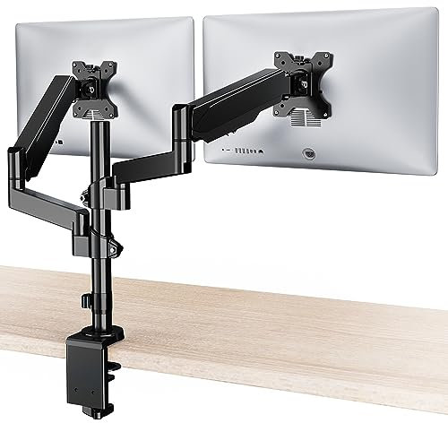 WALI Dual Monitor Stand for 13 to 32 Inch Screen, Adjustable Gas Spring Arms with Tilt Swivel Rotate, Double Monitor Arm with C Clamp & Grommet Mounting, VESA 75 & 100mm, Black (GSDM002)