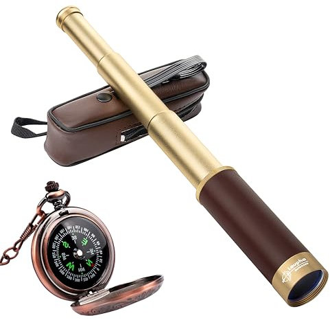 Laupha Retro Piratas Telescopio Zoom, 25 x 30, Binoculares Portátil, Plegable, Telescopio de Mano Vintage Monocular para Niños y Colección Clásica, Brújula para Camping Caza Navegación