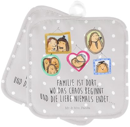 Mr. & Mrs. Panda 2er Set Topflappen Igel Familie - Geschenk, Opa, Ofenhandschuhe, Topflappen mit Spruch, Bilder, Topfhandschuhe, Mama, Bruder,
