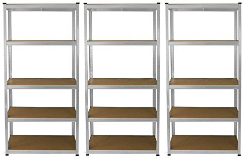 3 Garage Shelving Units 5 Tier Racking Storage Warehouse Bays Industrial Heavy Duty Boltless Galvanised Steel Shelves/FREE Rubber Mallet & Bay Connectors