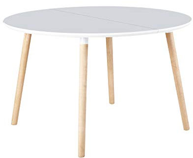 Nordika, Mesa Extensible Redonda de Comedor, Mesa Circular de Salón o Cocina, Acabado en Blanco y Haya, Medidas: 100-140-180 cm (Largo) x 100 cm (Ancho) x 75 cm (Alto)