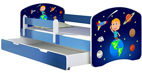 ACMA Kinderbett Jugendbett mit Einer Schublade und Matratze Blau mit Rausfallschutz Lattenrost II 140x70 160x80 180x80 (22 Kosmos, 160x80 + Bettkasten)