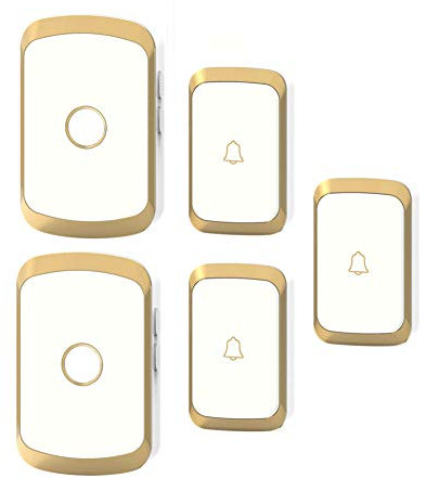 LWPCP Sonnette sans Fil, Kit De Carillon De Porte Étanche sans Fil À Piles,3 Émetteur À Bouton-Poussoir +2 Récepteurs Enfichables,Portée De 300M,36 Mélodies,4 Niveaux Volumes,d'or