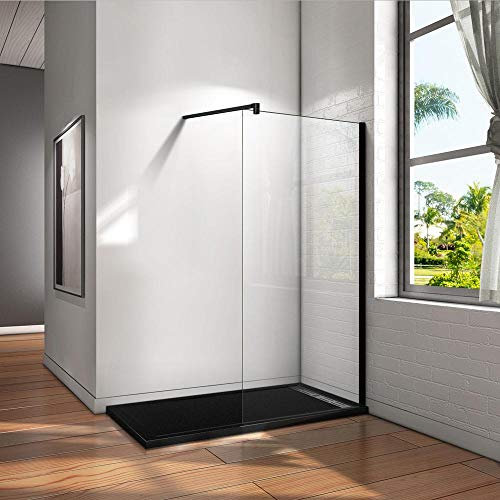 Parete Doccia Walk In Vetro 8mm Temperato Trasparente Anticalcare Con Barra Stabilizzatrice 90cm Nero Opaco 110x200cm